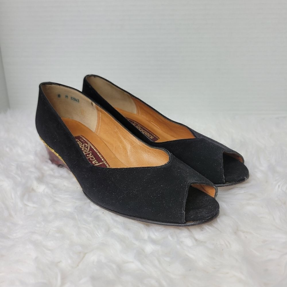Vintage Jack Rogers Women’s Shoes Heels Wedge Wood Grain Peekaboo Black Slip On